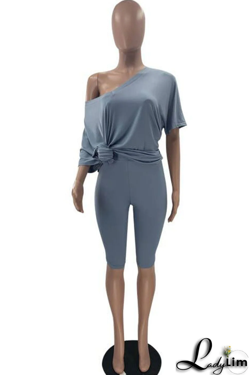 Grey Casual Solid Split Joint V Neck Short Sleeve Two Pieces