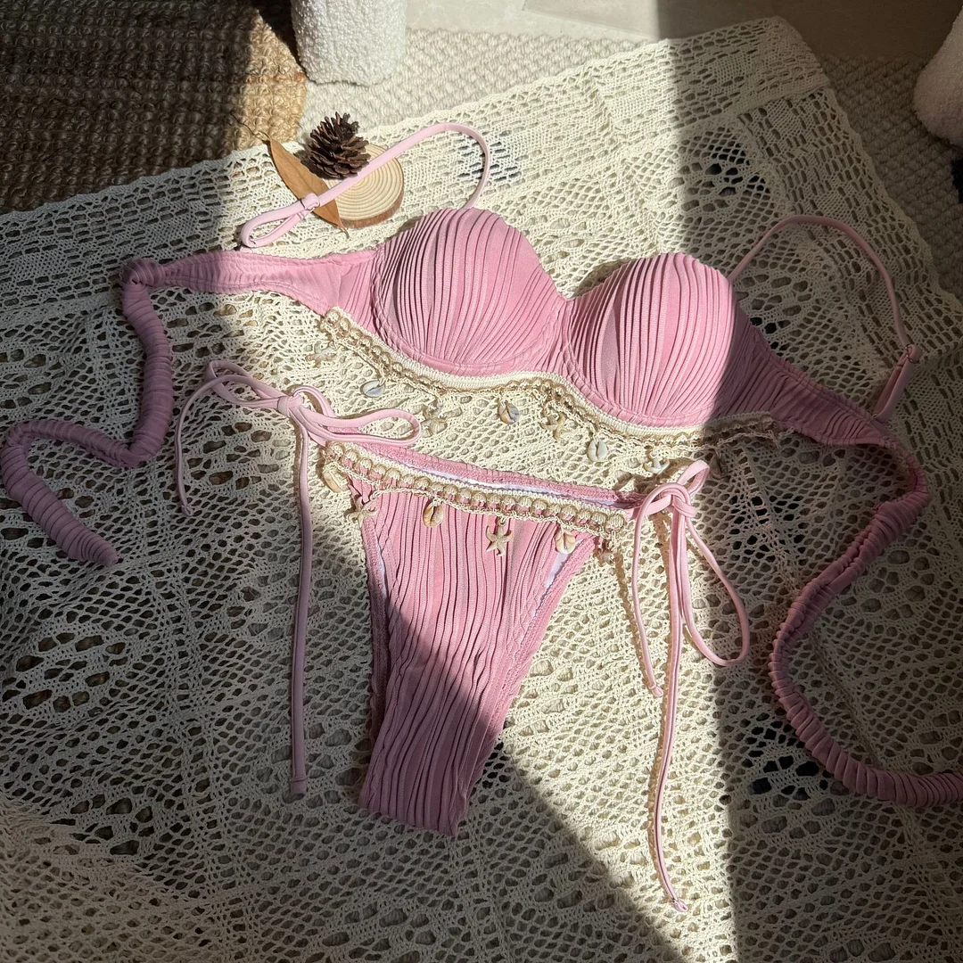 Churchf 2025 New Solid-Colored Shell Petal Hard-Pack Sexy Split Swimsuit Bikini Bikini