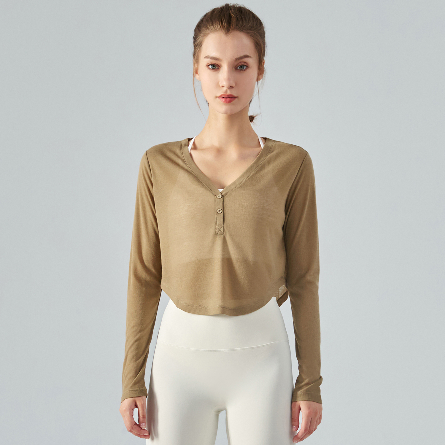 Hergymclothing Khaki Brown v neck loose button lightweight thin see through running shirt online shopping