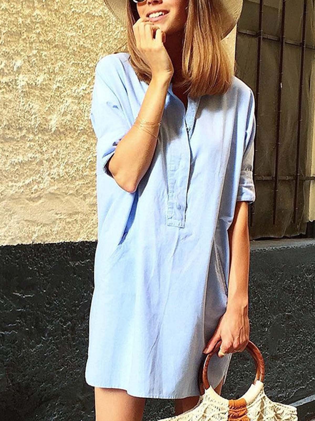 Light blue V Neck Half Sleeve Dresses