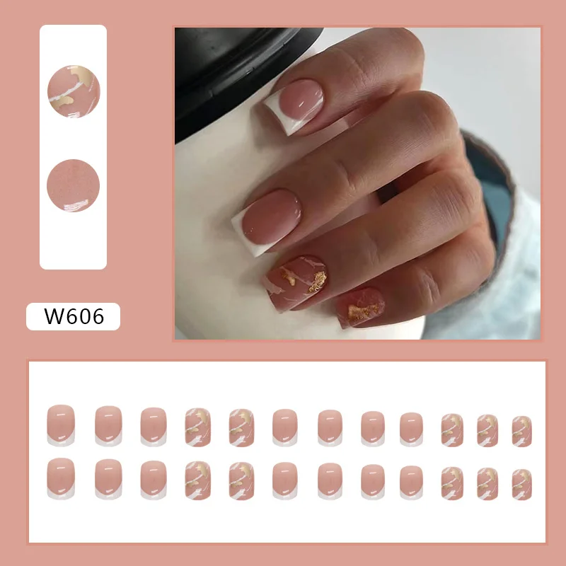 Churchf Churchf And Simple White French Marbling Gold Foil Nail Fashion Wearable Beautiful Nail Piece