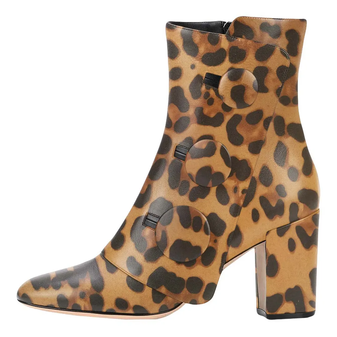 Brown & Black Side Zipper Button Leopard Print Short Boots for Women