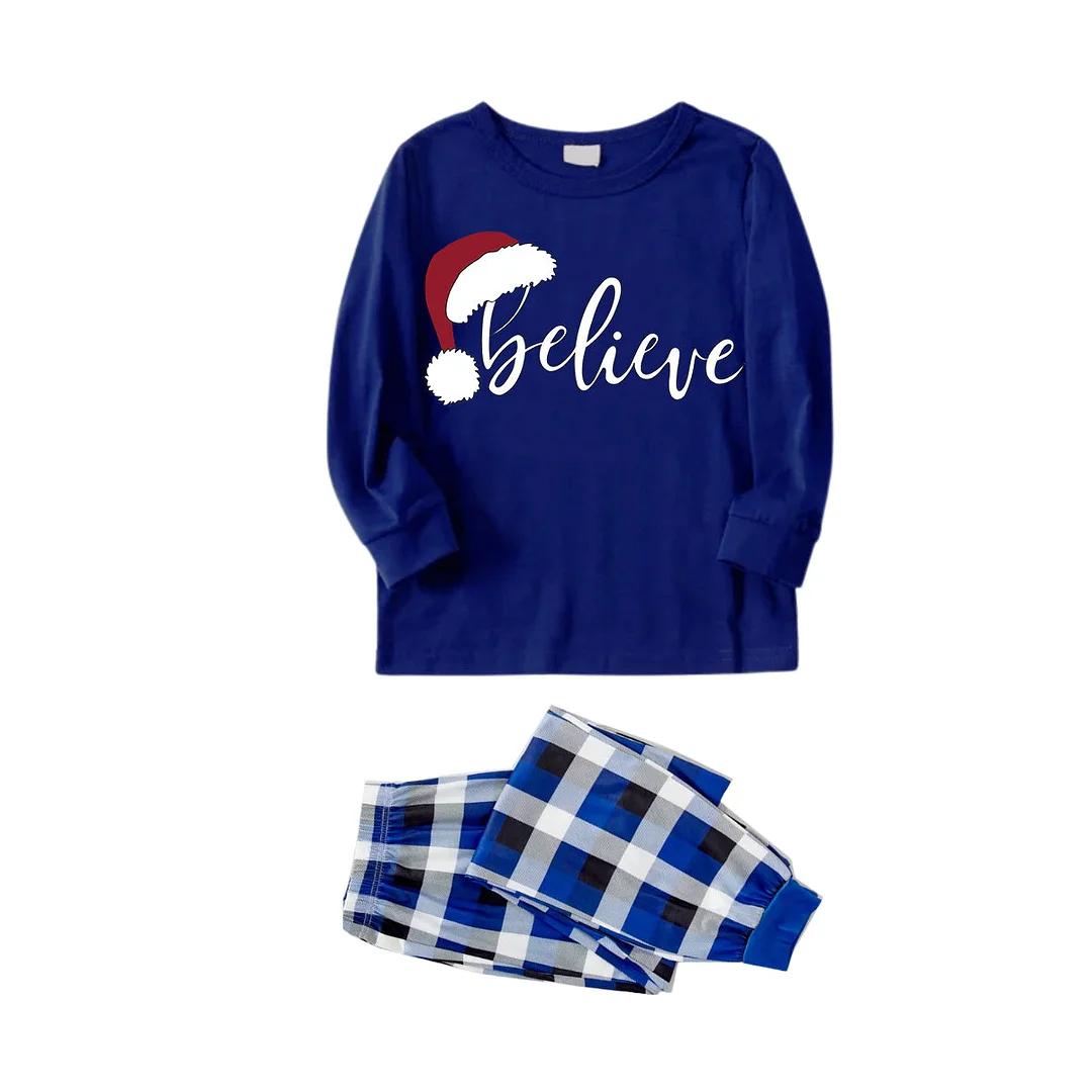 Stylish White Letter Print "Believe" 2024 Blue Long Sleeves with Blue&White&Black Plaid Pants Family Matching Pajamas