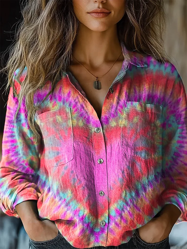 Women's Colorful Heart Tie Dye Print Casual Long Sleeve Comfortable Cotton Shirt