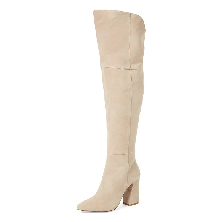 Beige Chunky Heel Boots Vegan Suede Pointy Toe Over-the-Knee Boots |FSJ Shoes