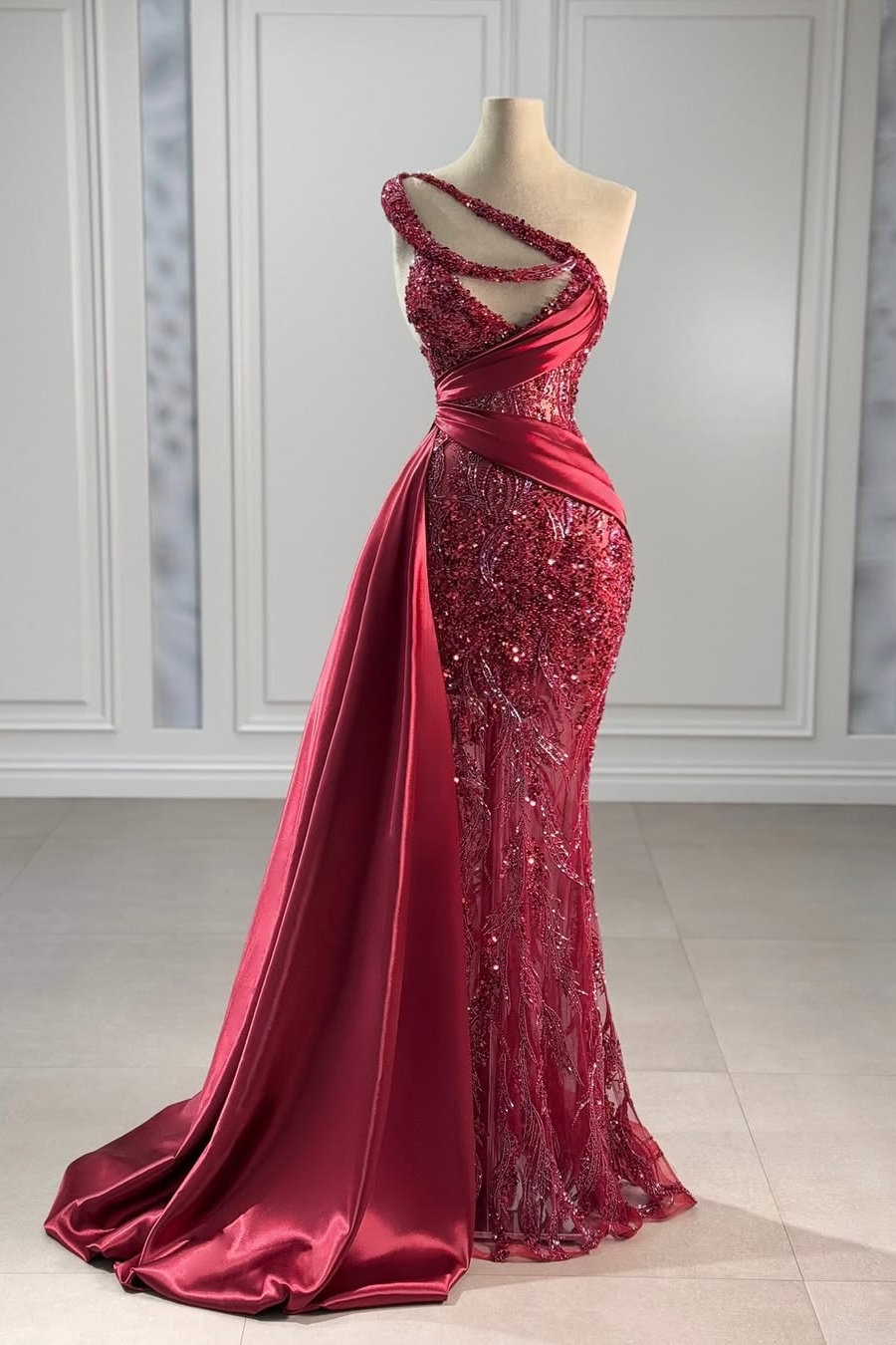 Lisliy Simple Sleeveless One-Shoulder Sequins Beads Mermaid Prom Dress