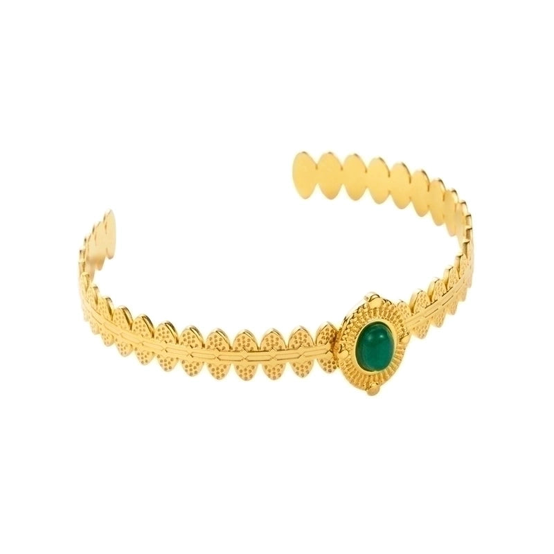 Modern Style Minimalist Leaf Round Stainless Steel Natural Stone Bangle In Bulk