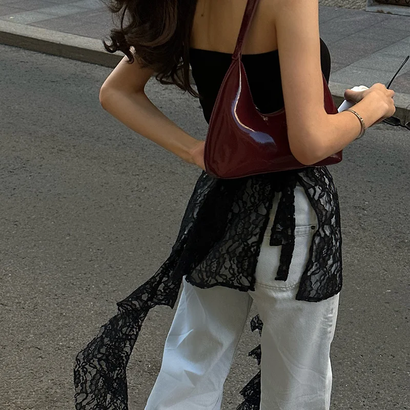 Toloer Toloer Women's Wear 2024 Summer Street Design Feel Wipe Chest Sexy Lace Ribbon Slim Wear Top-Outfit Ideas