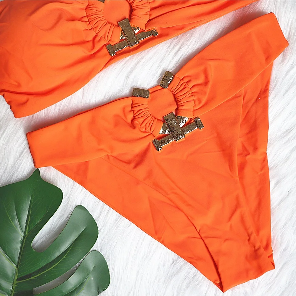 Uveng Uveng New Sexy Swimsuit Metal Accessories Hollow Bikini Solid Color Strapless High Waist Women's Swimsuit