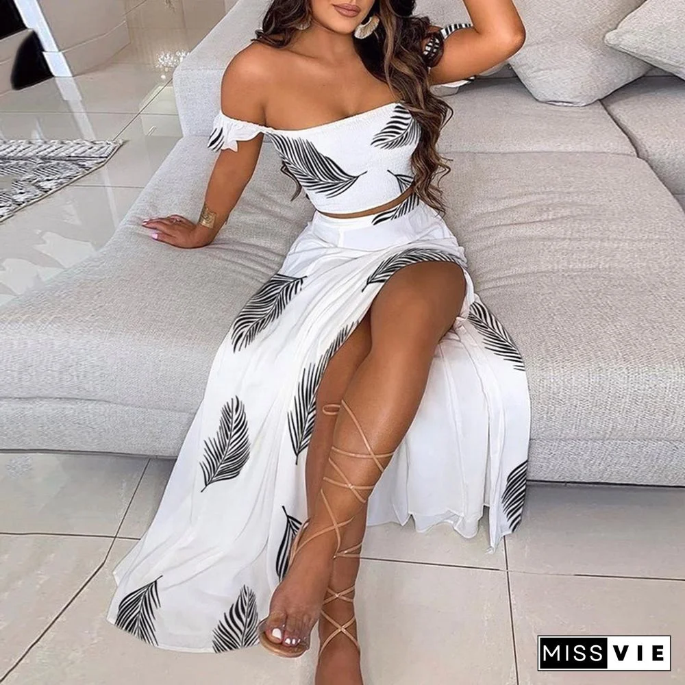 Off Shoulder Women Two Piece Set Sexy Slash Neck TopAnd Slit Summer Long Party Dress Suits Spring Floral Print Skirts Sets