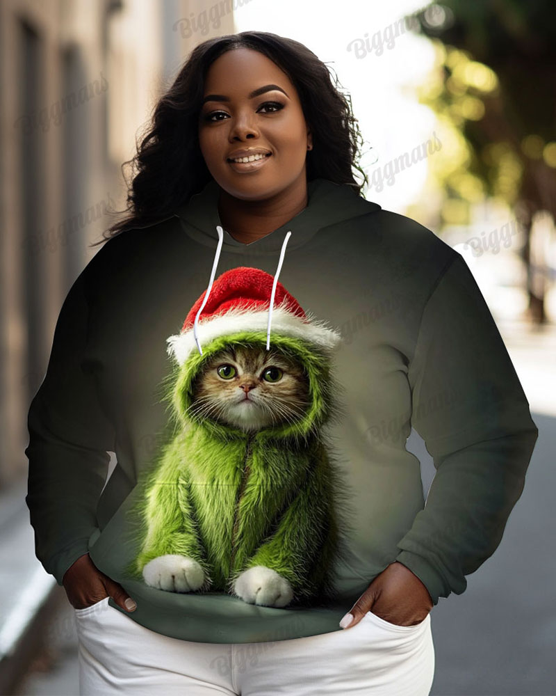 Women's Plus Fashion Christmas Plush Cute Cat Print Long-sleeved Hoodie