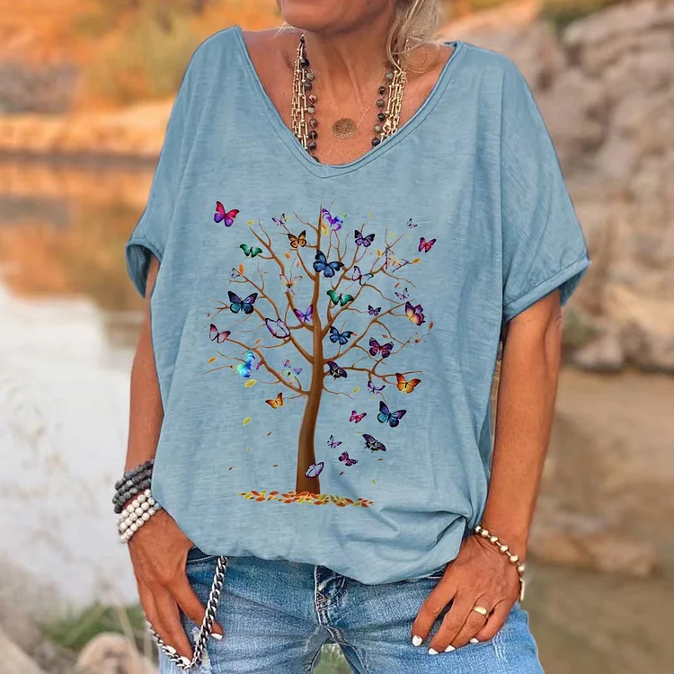 The Tree Of Colorful Butterflies Printed T-shirt socialshop