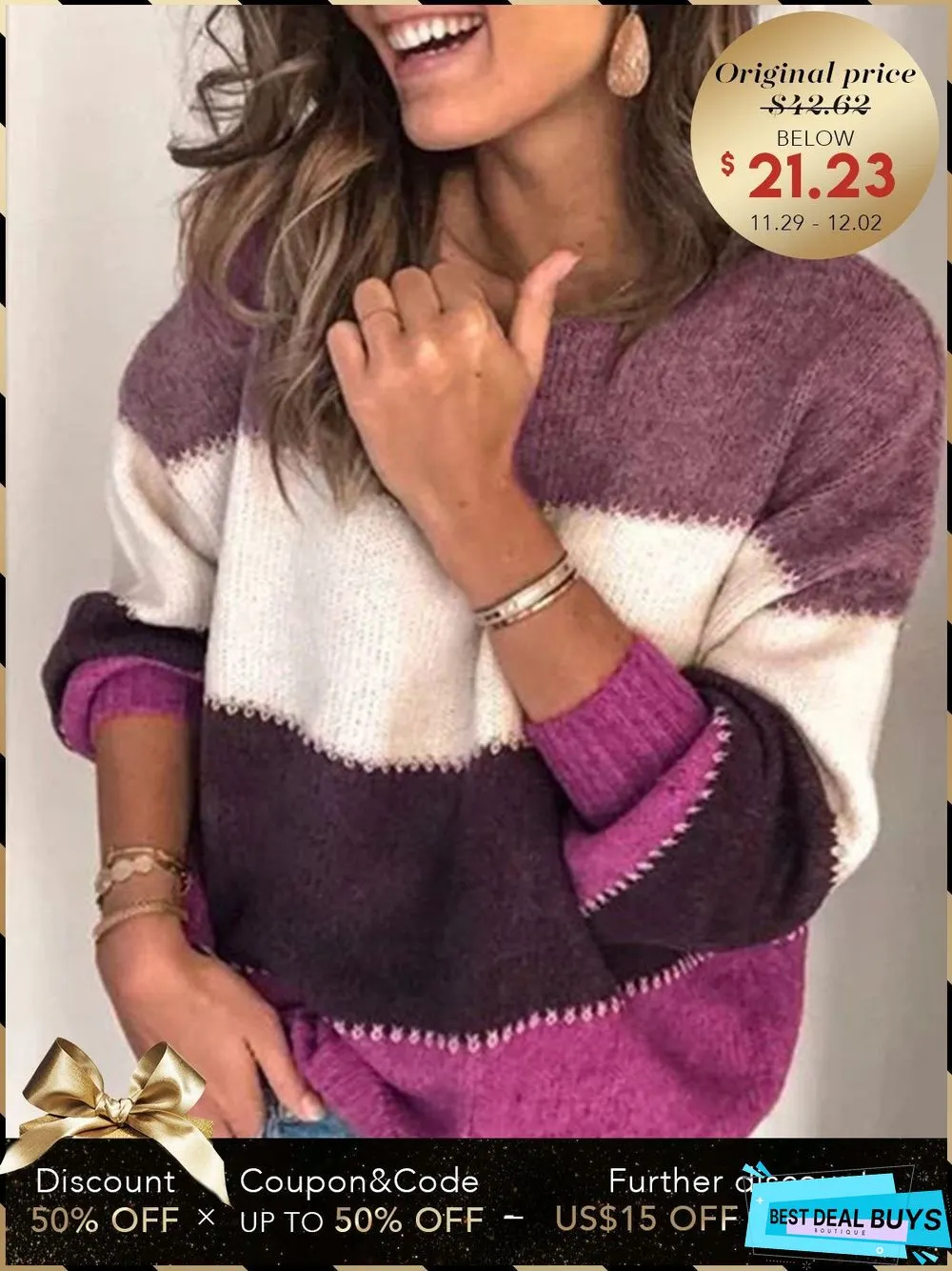 Long Sleeve Casual Paneled Crew Neck Sweater