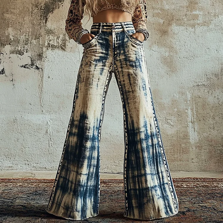 Vintage 90s Tie-dye Chain-decorated Denim Print Wide-leg Flared Trousers Casual Pants