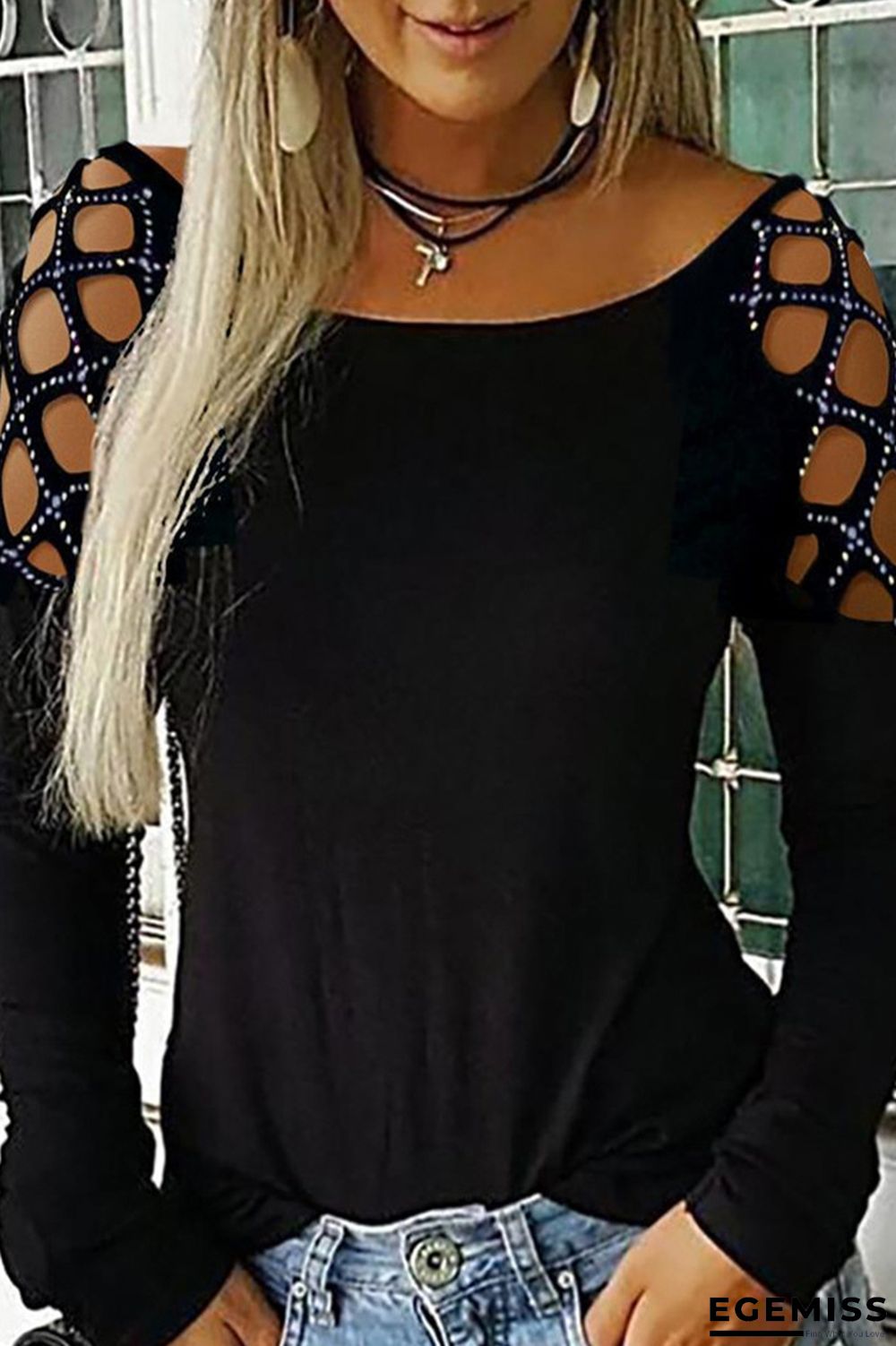 Black Fashion Casual Patchwork Hot Drilling Hollowed Out O Neck Tops | EGEMISS