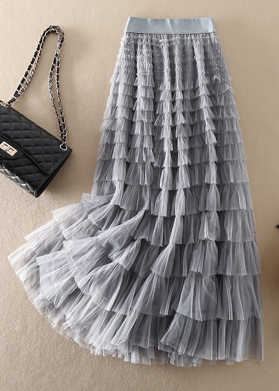 Loose Grey elastic waist Patchwork Tulle Skirt Spring CK2388- Fabulory