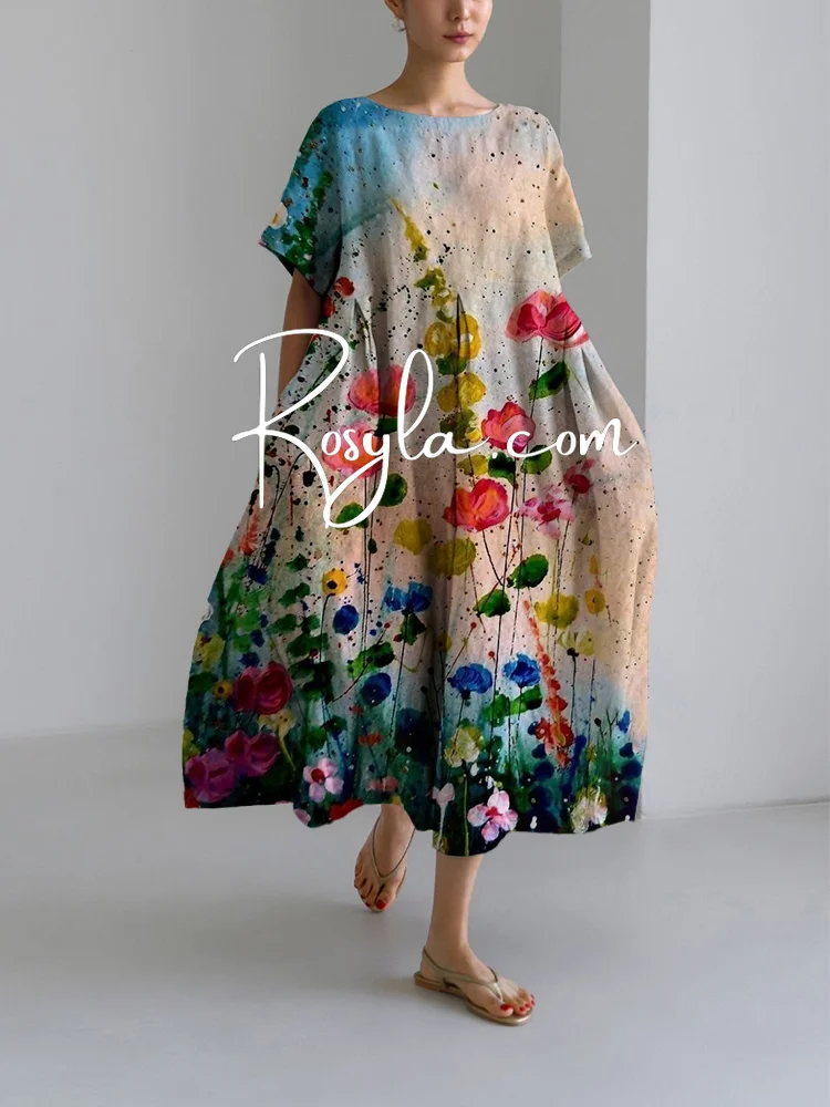 Women's Oil Art Flory Loose Round Neck Medium Length Skirt Dress