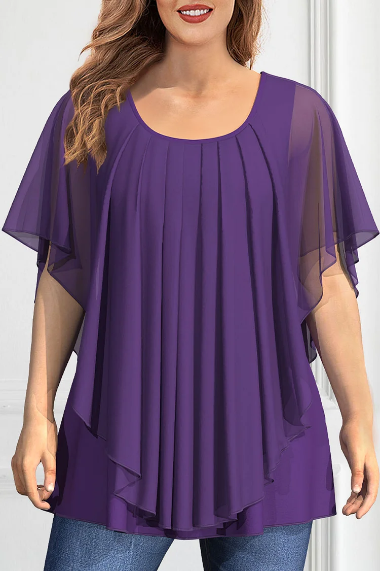 Flycurvy Plus Size Casual Purple Chiffon Double Layer Flutter Sleeve Pleated Asymmetric Hem Blouse