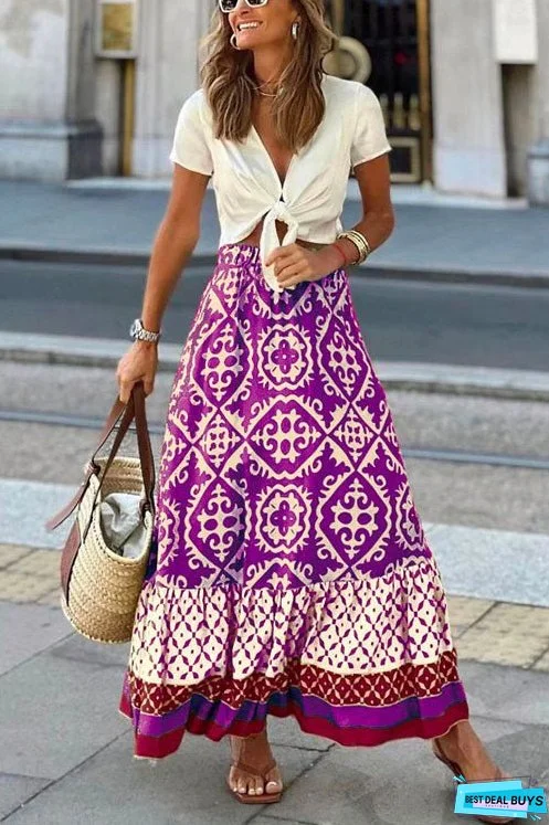 Meridress Bohemia Printed Elastic Waist Ruffle Maxi Swing Skirt