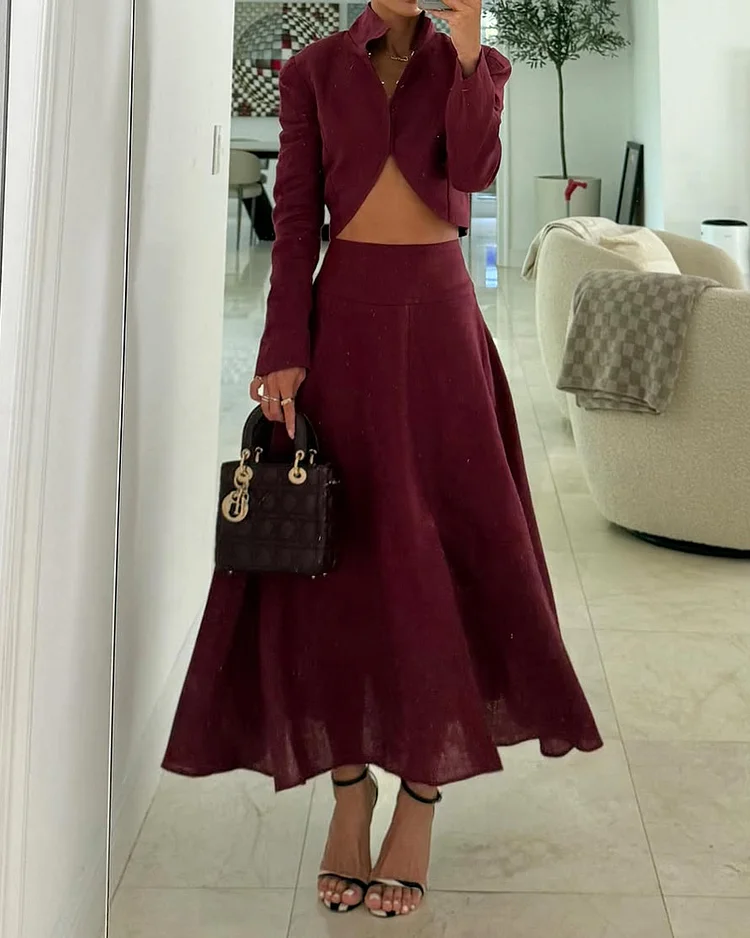 Stand collar solid color two piece suit