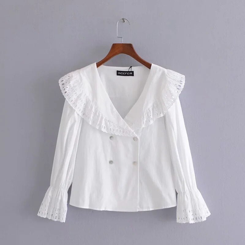 Za Women's Shirts Embroidery Blouses Pan Collar Mujer Blusas Ruffled Shirt Long Sleeves White Cute Ladies Sweet Spring 2021 trf