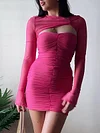 Sexy Slim See-Through Mesh Hollow Solid Color Mini Dress