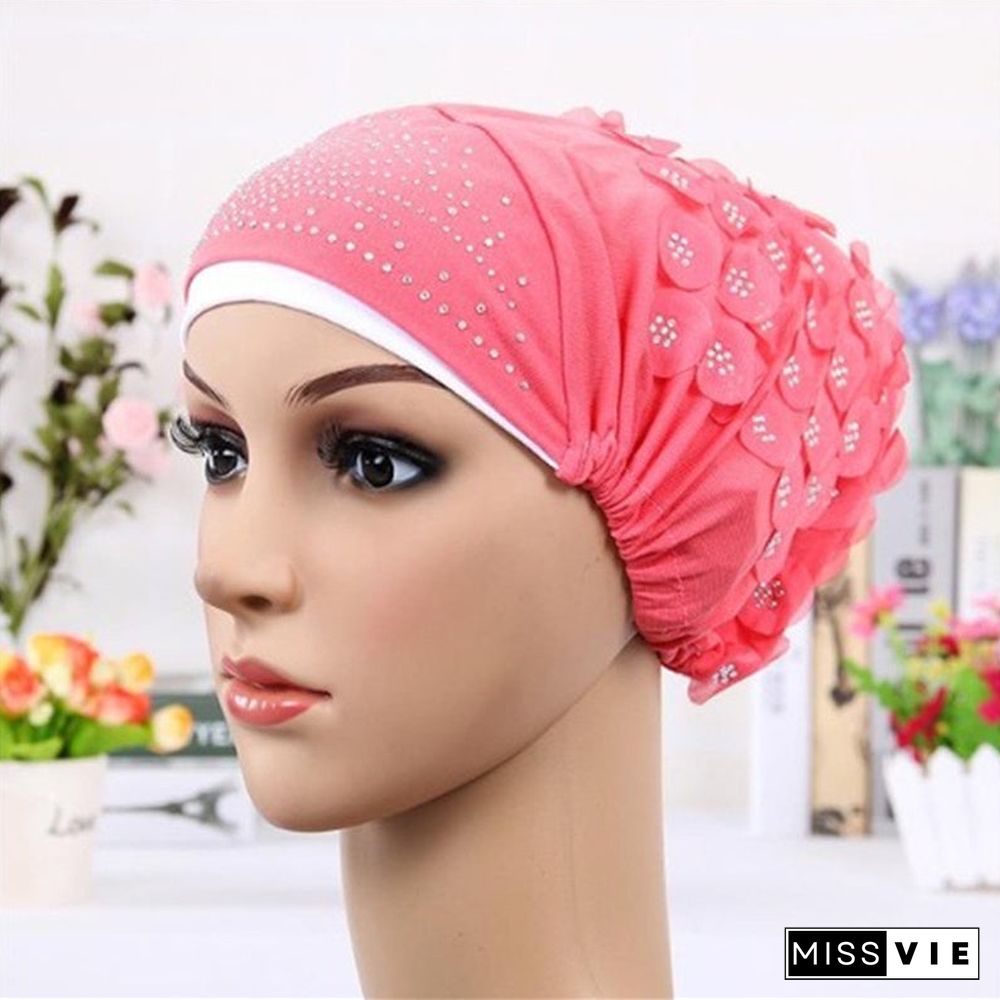 Women's Sequins Flowers Muslim Turban Hat Cap