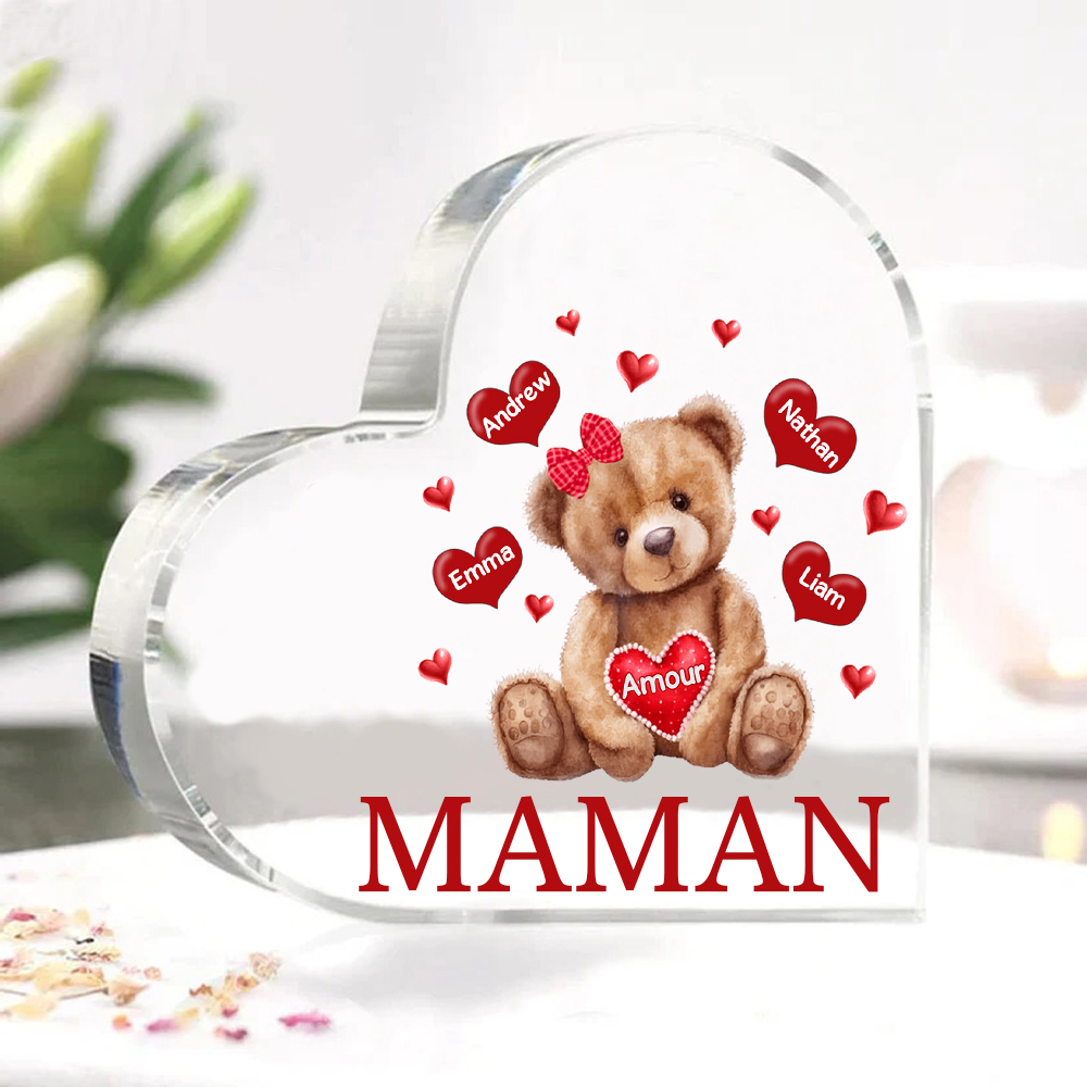 À ma Maman/Mamie - Plaque Acrylique Ours en Forme de Cœur 4 Prénoms Personnalisés avec 1 Texte