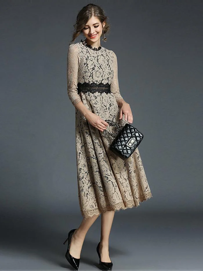 High-end boutique women's wind crochet flower hollow lace dress large swing dress