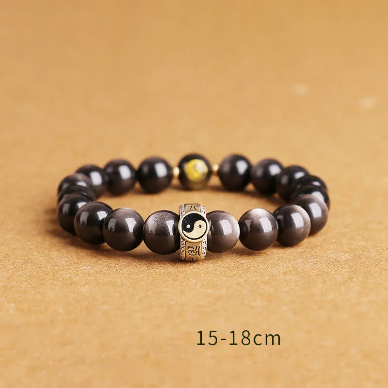 925 Sterling Silver Black Obsidian Gold Sheen Obsidian Silver Sheen Obsidian Yin Yang Protection Bracelet