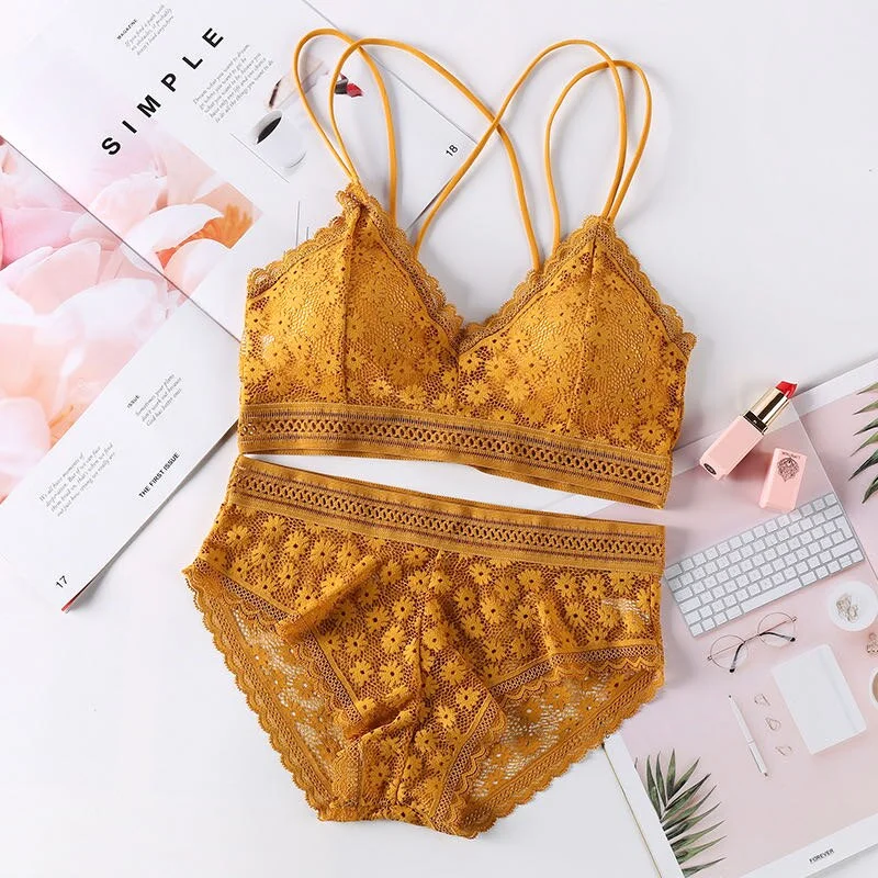 French style sexy ladies lace pierced steel sports bra beauty back wrapped chest comfortable stretch bra triangle cup underwear