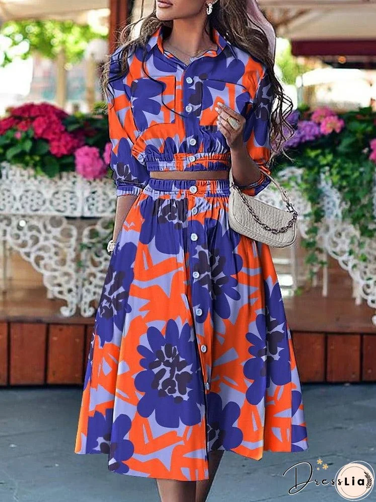 Sets Printed Button Pocket Blouse & Skirt Suit for Women