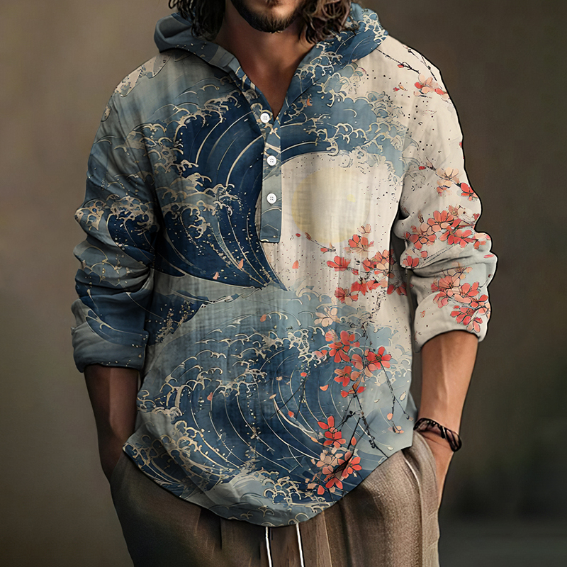 Men's Japanese Art Printed Linen Blend Cozy Shirt Hoodie