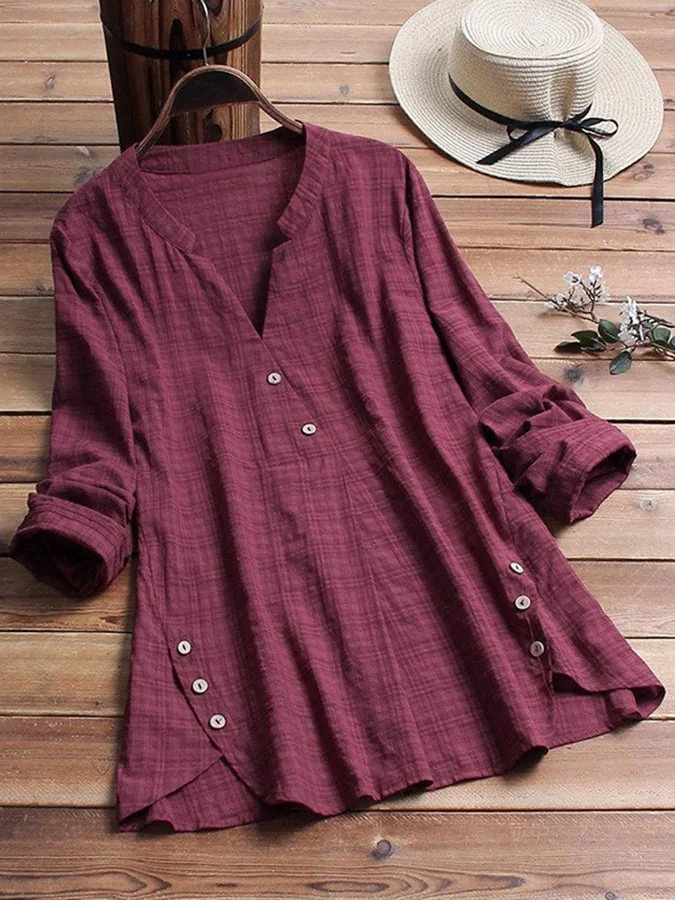 Cotton Linen Irregular Hem Button Decoration Dark Pattern V-neck Top