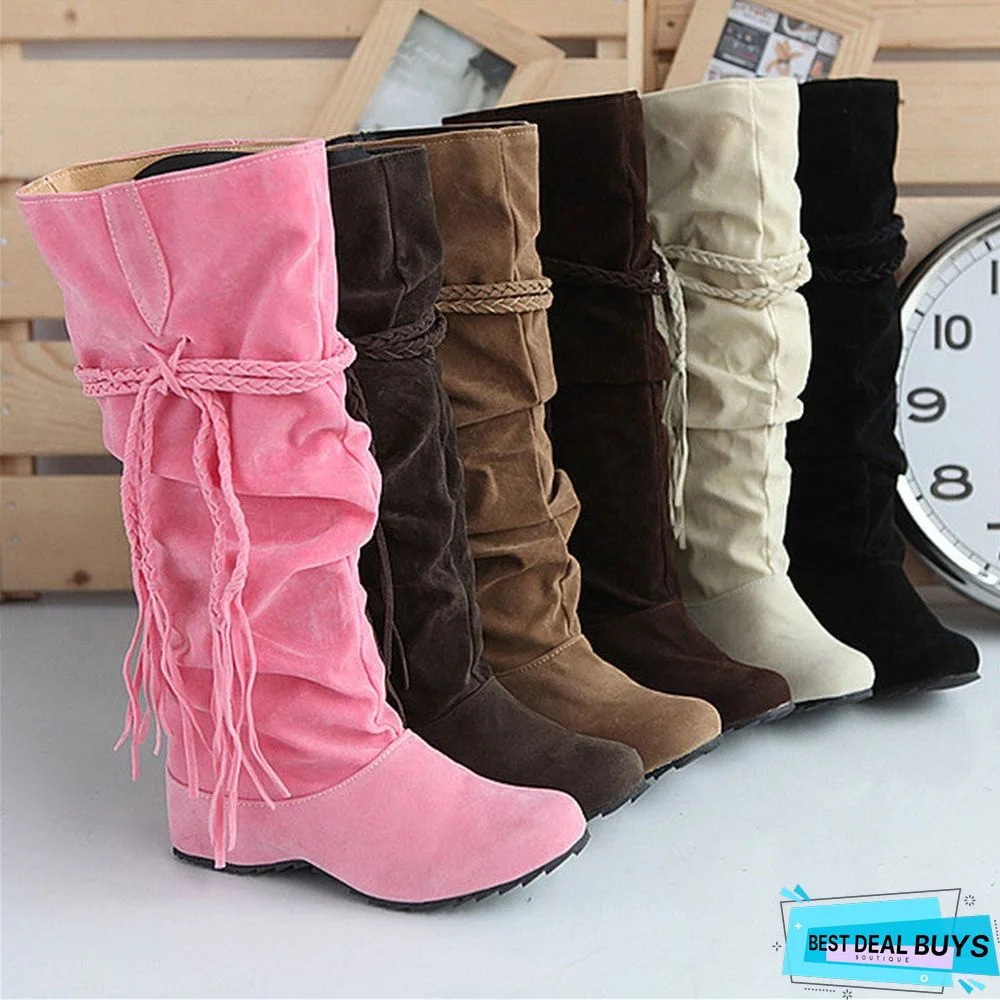 Women's Wedge Heel Ruffles / Knee High Boots Slouch Boots Fall / Winter Black / Pink / Brown