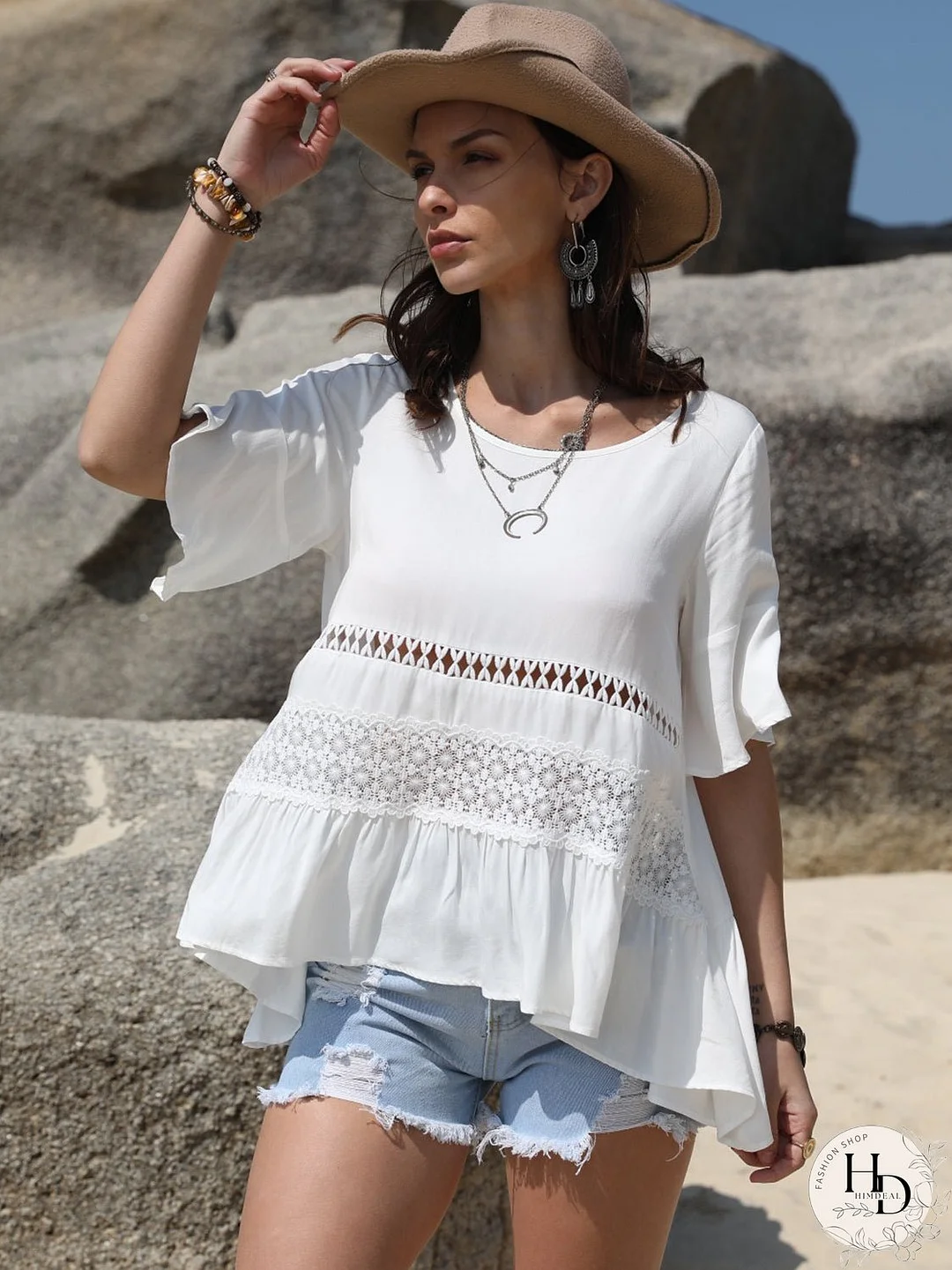 Lace Detail Round Neck Half Sleeve Blouse