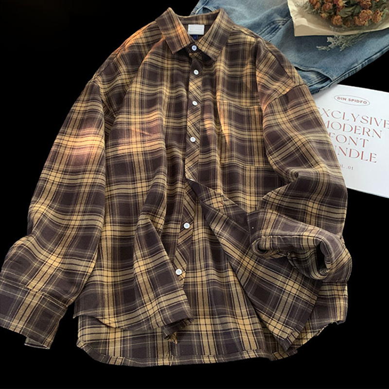 Mayfirstaudio Autumn Hong Kong Style Checkered Shirt Men Summer Trend Loose Casual Long Sleeved Shirt Lapel Thin Jacket