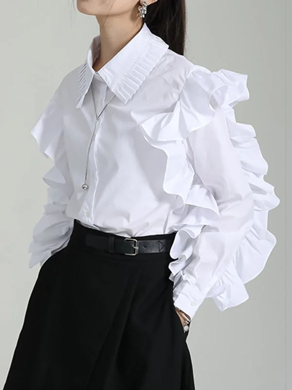 Falbala Pleated Solid Color Long Sleeves Lapel Blouses&shirts Tops