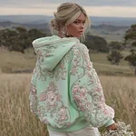 Women's Pink Flower Embroidery Art Long Sleeve Hoodie - Image 5