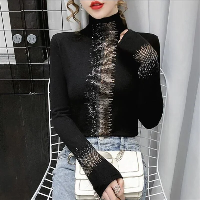 Hot Drilling T-shirt Women's Tees Half High Collar Bottom Top Thin Derong Jumpper Top Basice Shiny Diamond Trend Feminine Tshirt