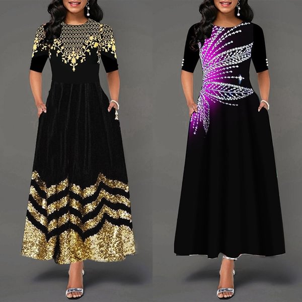 Women Button Detail Half Sleeve Floral Print Long Dress Gradient Maxi Dress - BlackFridayBuys
