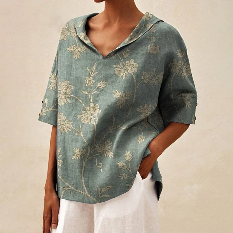 Women's Art Print Casual Linen V-Neck Shirt