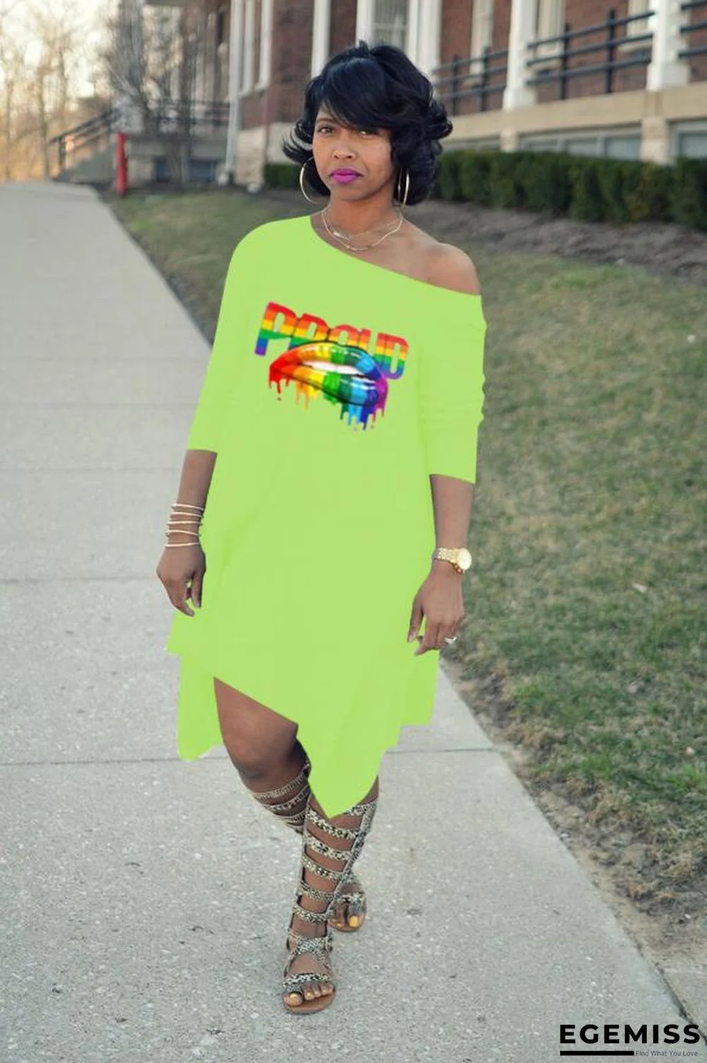 Grass Green adult Fashion Sexy One Shoulder Long Sleeves one shoulder collar Swagger Mid-Calf Print Ch | EGEMISS