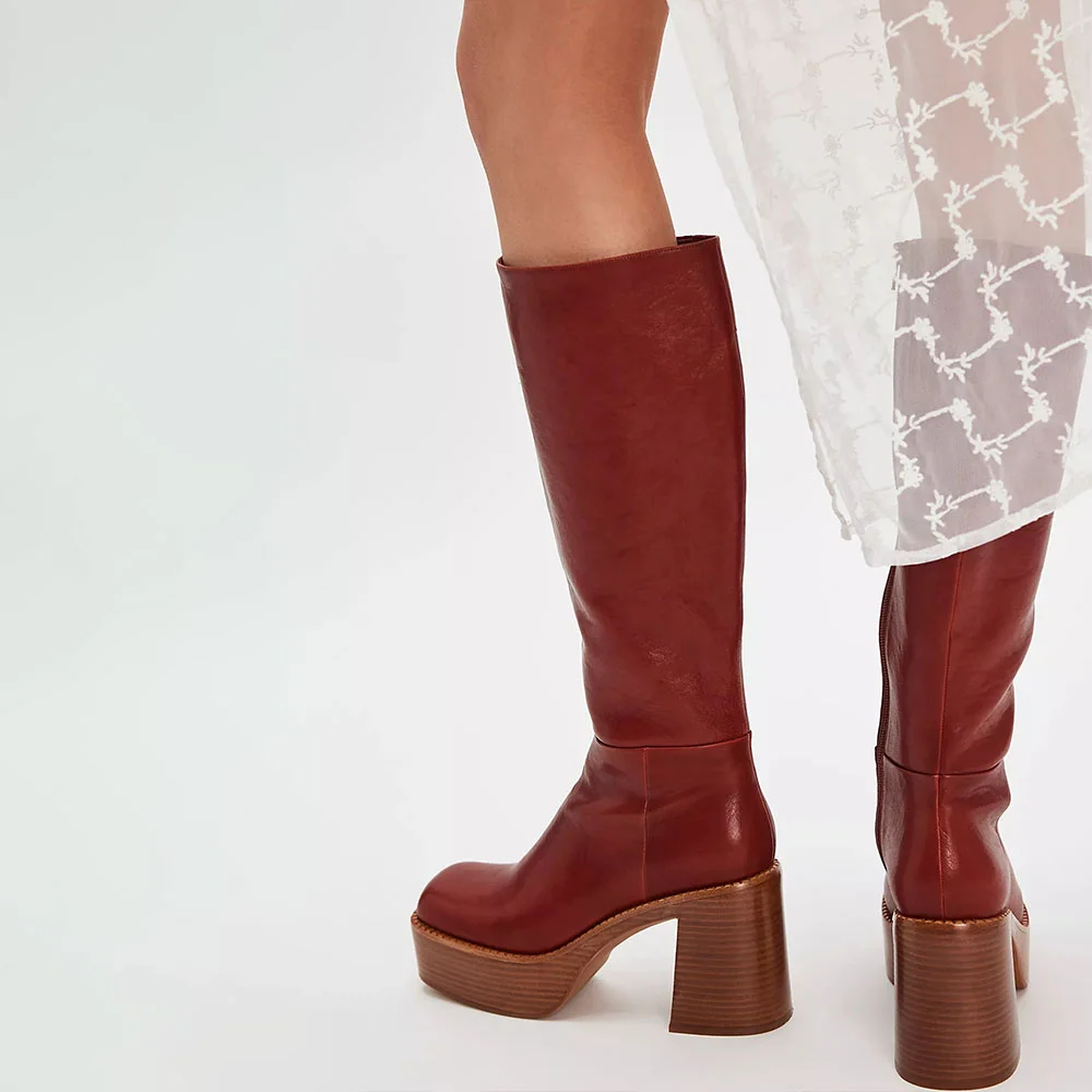 Maroon Square Toe Chunky Heel Side Zipper Knee High Platform Boots