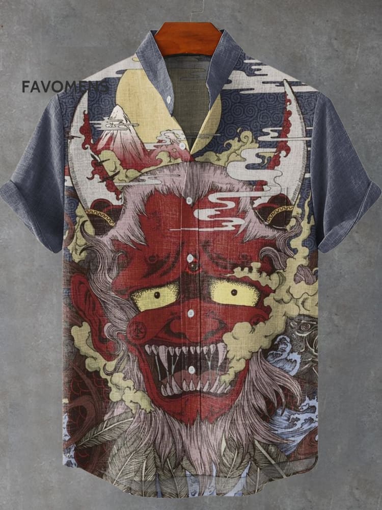 Japanese Red-Faced Ghost Decorative Pattern Casual 100% Cotton Shirt Multicolor / S