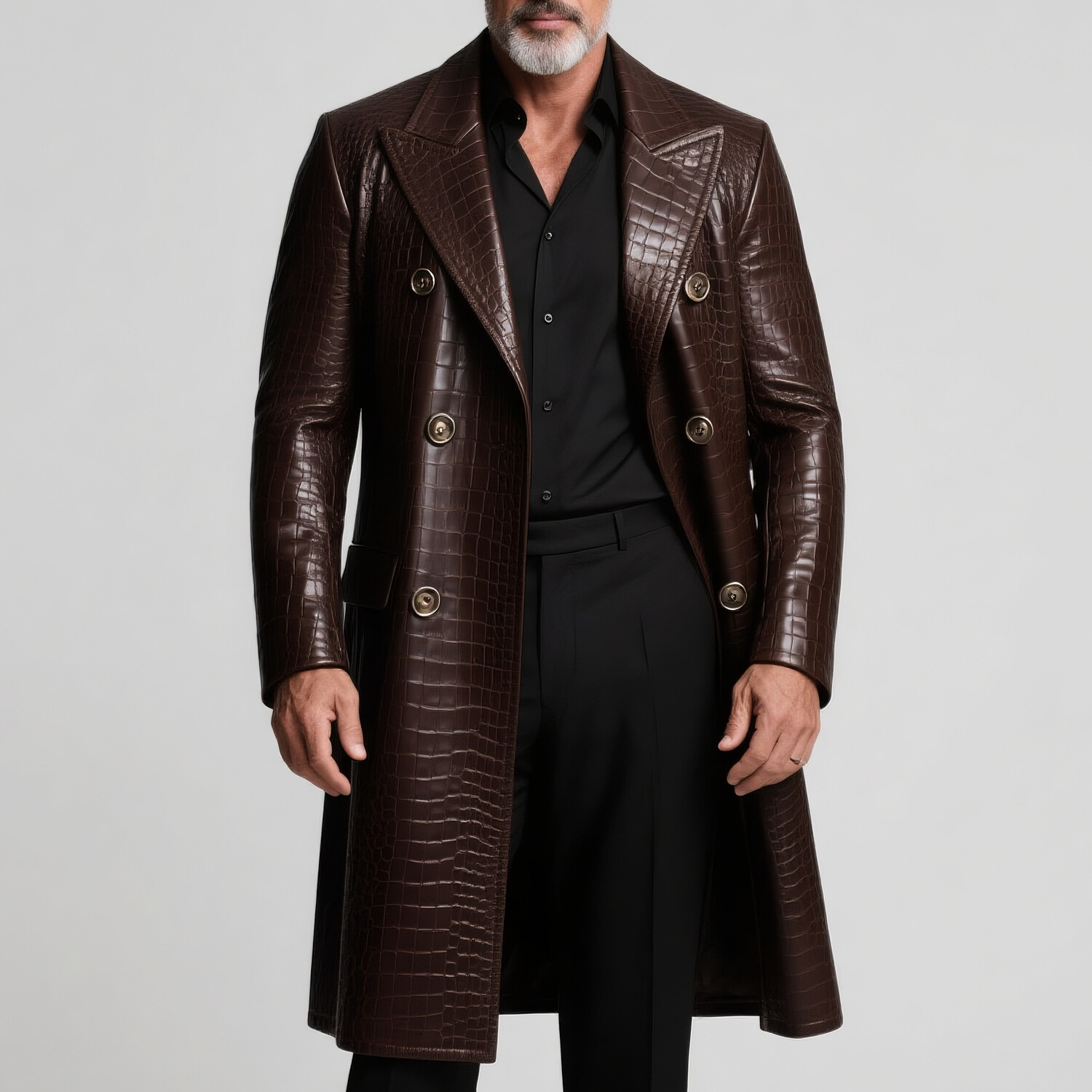 Men's Retro Peaked Lapel Double Breasted Crocodile PU Leather Overcoat