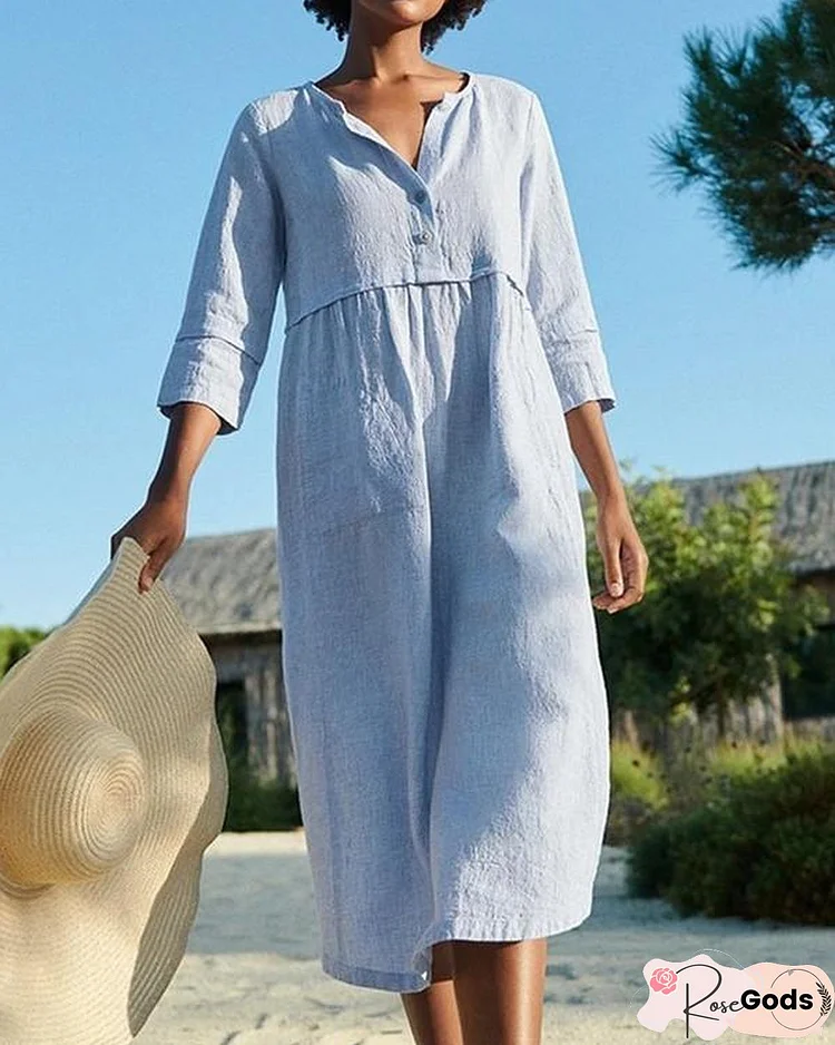 Cotton and Linen Pocket 3/4 Sleeve Dress