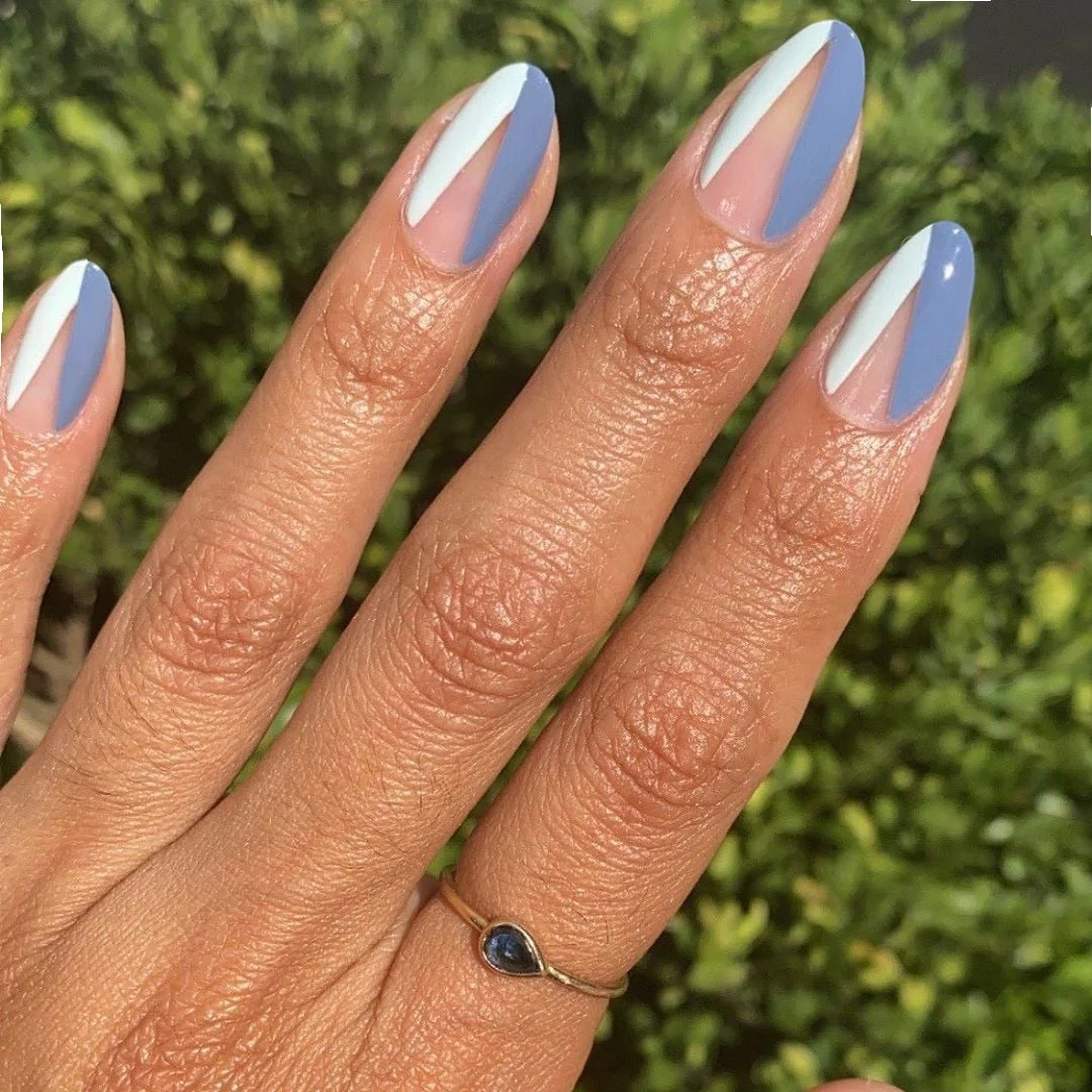 24pcs Blue Waves Printed False Nail Patch Glue Type Removable Long Paragraph Fashion Manicure Coffin Fake Nail Ballerina Art-Nail Inspo