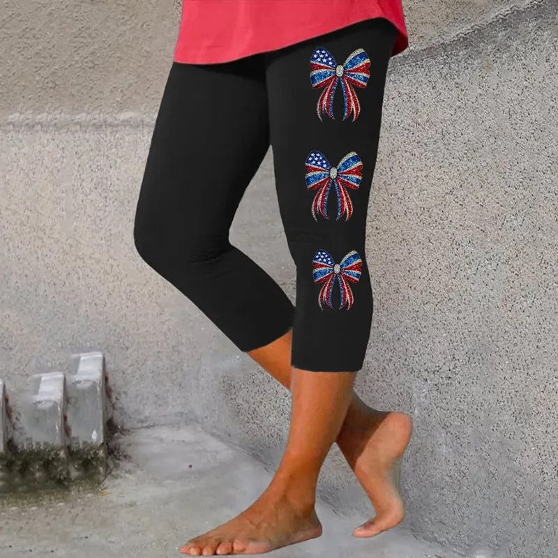 Women's Independence Day Ribbon Flag Print Casual Leggings artswardrobe