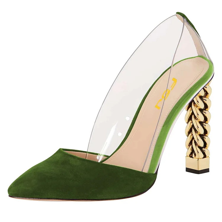 Women's Green transparent PVC Vegan Suede Chunky Heels Pumps by FSJ |FSJ Shoes